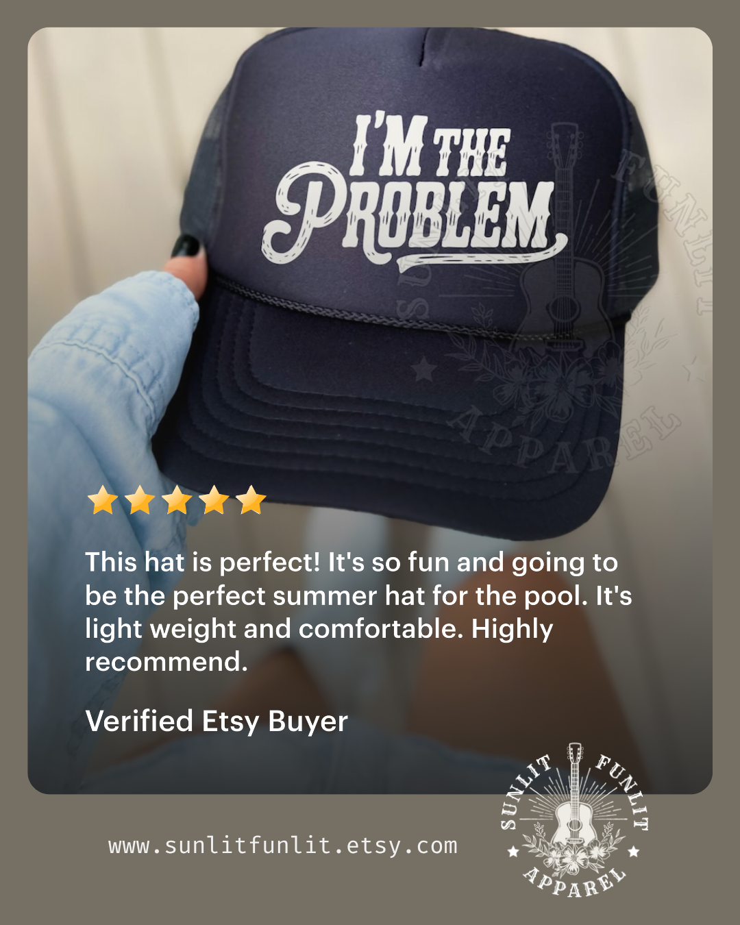 a person wearing a navy blue baseball cap with the text "I'm the problem" printed on it. The cap appears to be a summer hat, and the person is holding it up. The image also includes a rating of 4 stars from a verified eBay user, indicating that the hat is highly recommended.