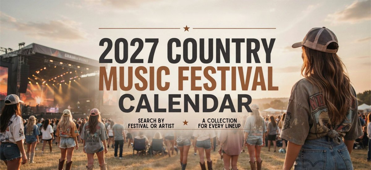 website hero of music festival scene with text "2027 Country Music Festival Calendar" by Sunlit Funlit Country Concert Tees