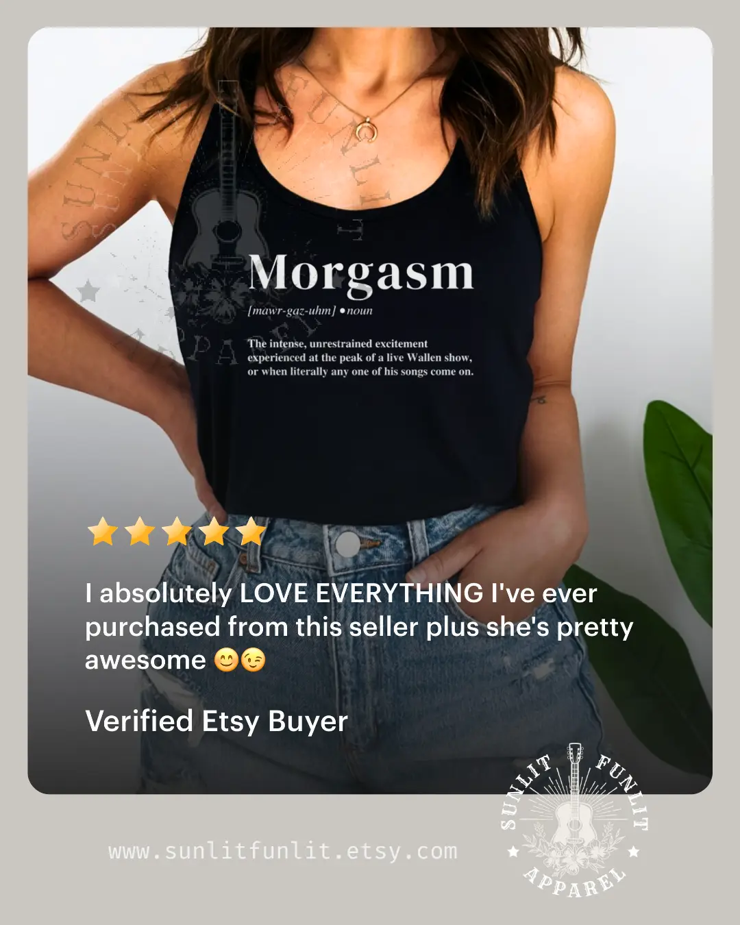 a woman wearing a black tank top with the word "Morgasm" printed on it. She is posing for a photo, and there is a rating of 4 stars from a verified seller. The image also includes text that says "I absolutely LOVE EVERYTHING I've ever purchased from this seller plus she's pretty awesome" and "Certified Etsy Buyer".