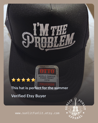 Thumbnail for a black baseball cap with white text that says 