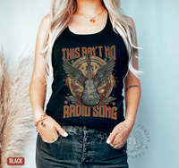 Thumbnail for A woman wearing a black tank top with a graphic design of a guitar and the text 