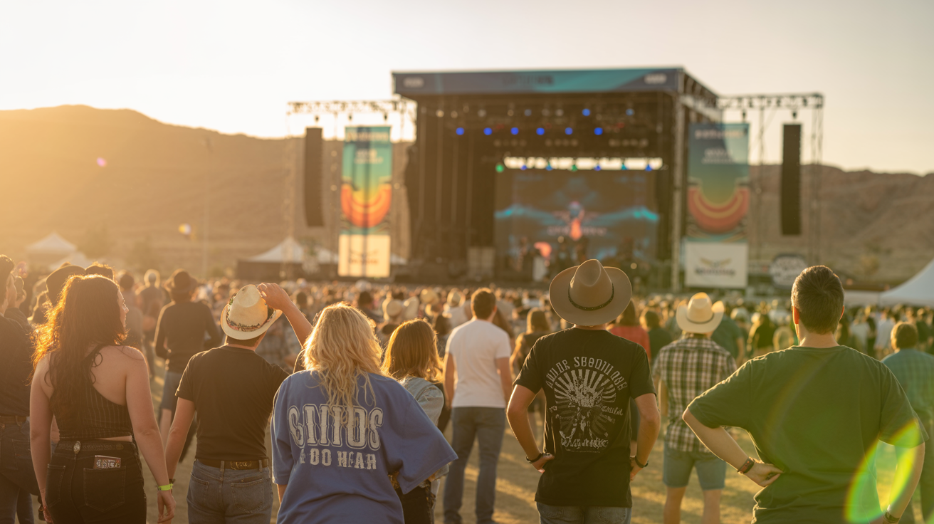 People at a music festival with a stage in the background during sunset.