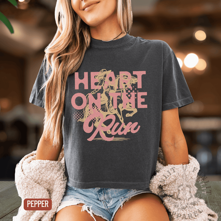 A Heart on the Run Cowgirl Boxy Cropped Tee - Sunlit Funlit | Graphic Tees for Country Concert Addicts