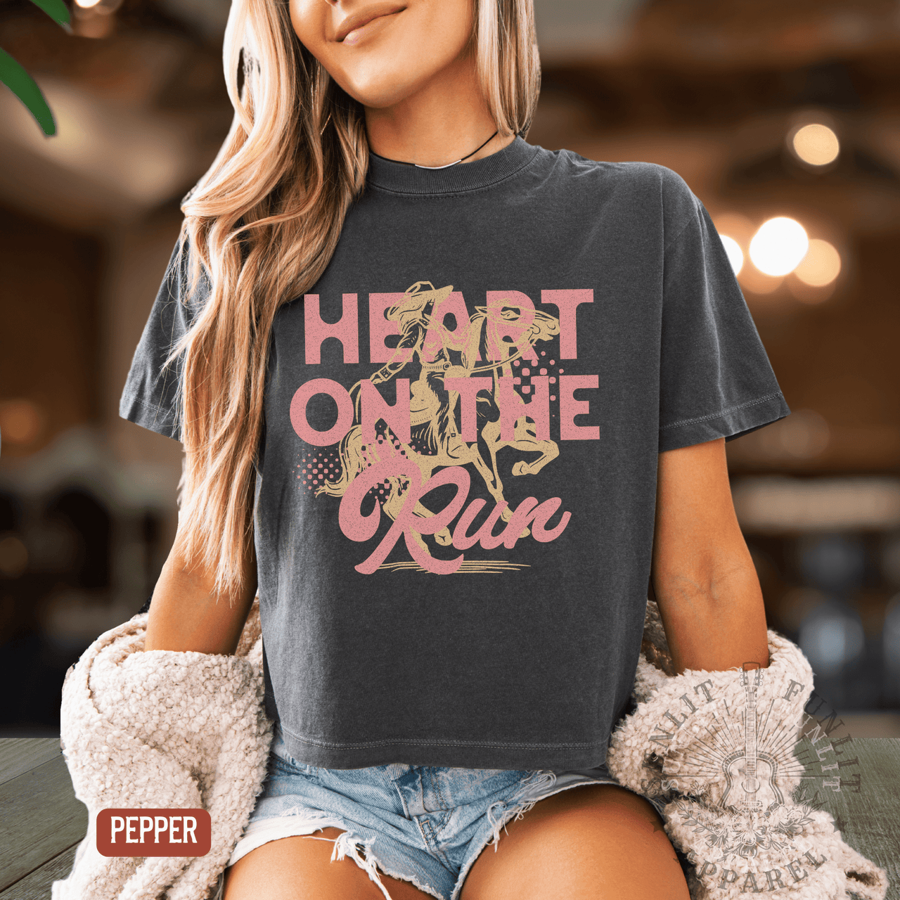 A Heart on the Run Cowgirl Boxy Cropped Tee - Sunlit Funlit | Graphic Tees for Country Concert Addicts