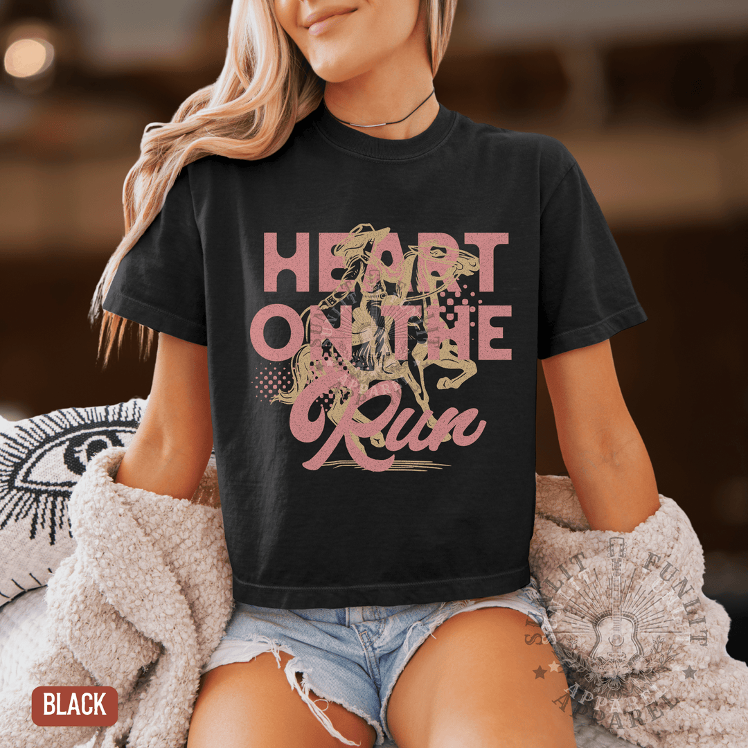 A Heart on the Run Cowgirl Boxy Cropped Tee - Sunlit Funlit | Graphic Tees for Country Concert Addicts