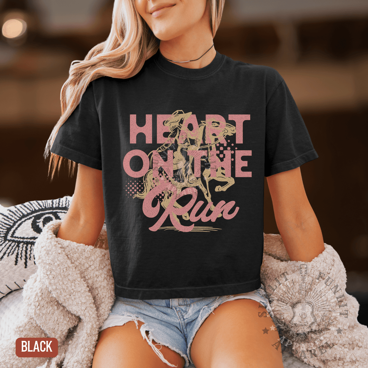 A Heart on the Run Cowgirl Boxy Cropped Tee - Sunlit Funlit | Graphic Tees for Country Concert Addicts