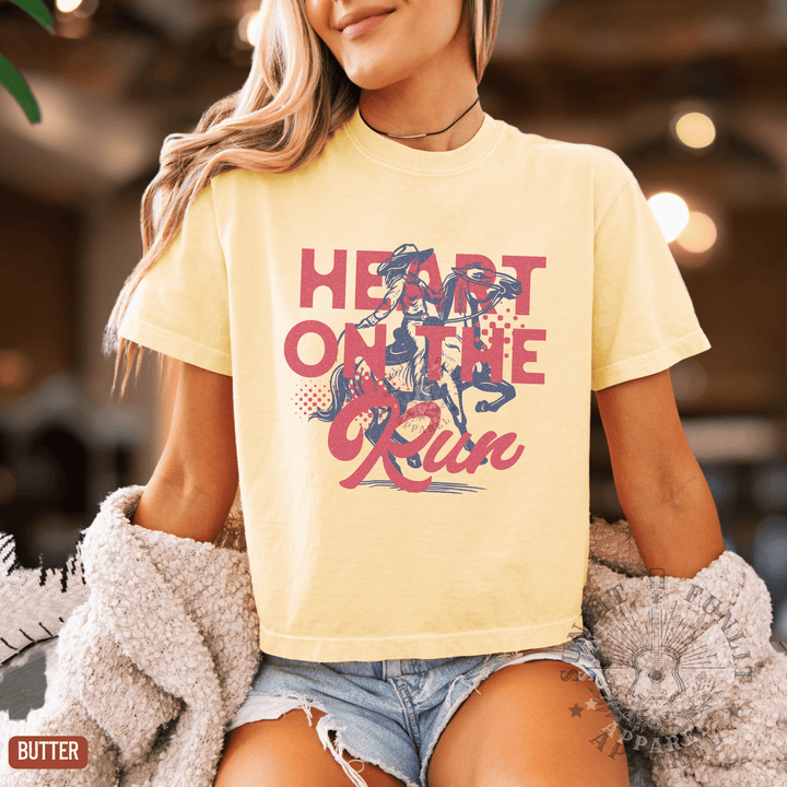 A Heart on the Run Cowgirl Boxy Cropped Tee - Sunlit Funlit | Graphic Tees for Country Concert Addicts