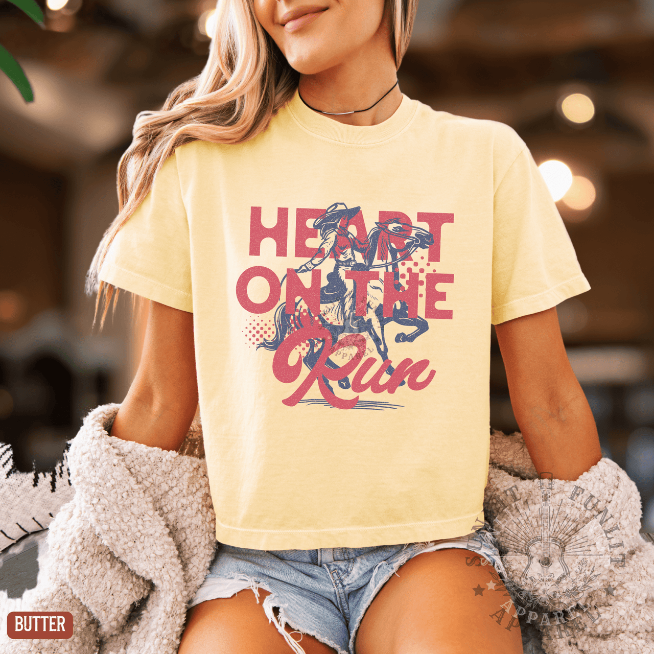 A Heart on the Run Cowgirl Boxy Cropped Tee - Sunlit Funlit | Graphic Tees for Country Concert Addicts