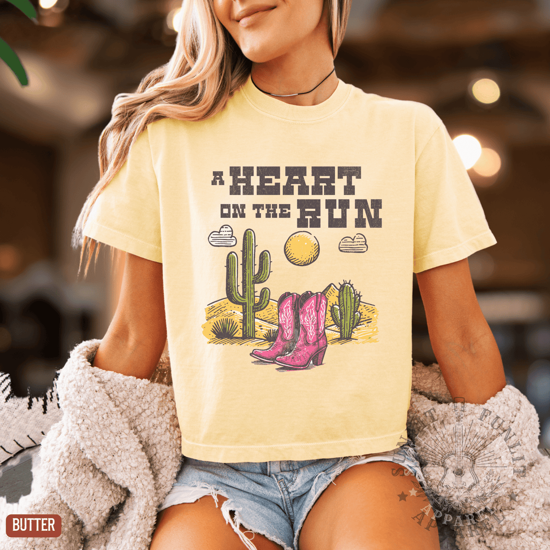A Heart on the Run Desert Boots Boxy Cropped Tee - Sunlit Funlit | Graphic Tees for Country Concert Addicts