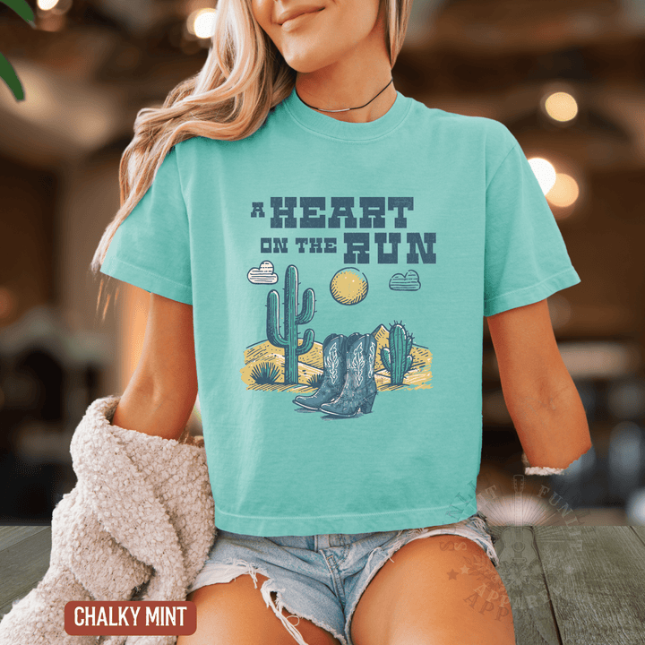 A Heart on the Run Desert Boots Boxy Cropped Tee - Sunlit Funlit | Graphic Tees for Country Concert Addicts