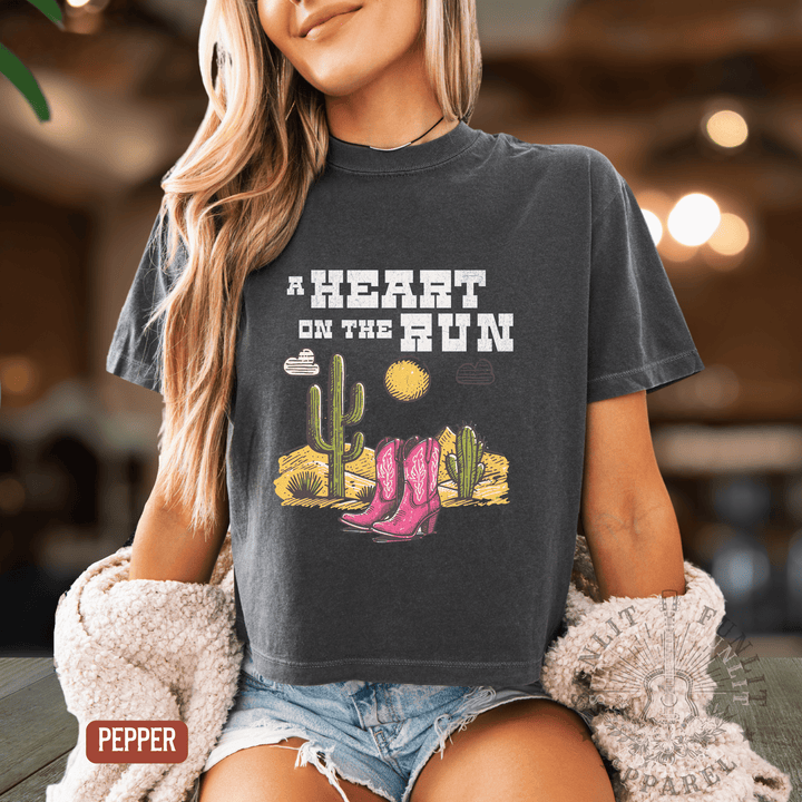 A Heart on the Run Desert Boots Boxy Cropped Tee - Sunlit Funlit | Graphic Tees for Country Concert Addicts