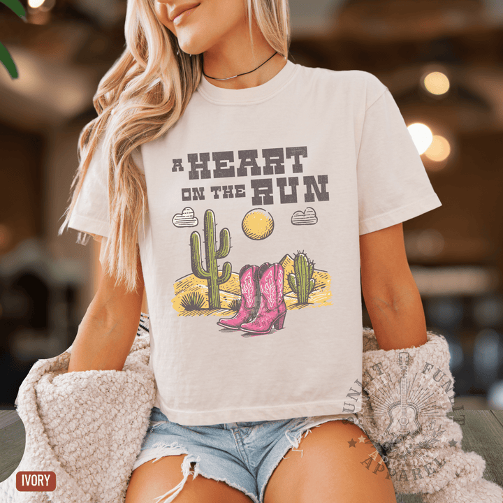 A Heart on the Run Desert Boots Boxy Cropped Tee - Sunlit Funlit | Graphic Tees for Country Concert Addicts