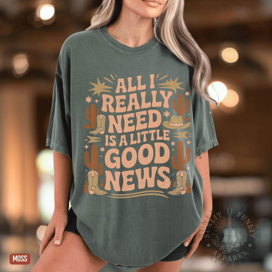 A Little Good News Country Tshirt | Comfort Colors Tee - Sunlit Funlit | Graphic Tees for Country Concert Addicts