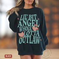 Thumbnail for A woman wearing a black sweatshirt with a large text design on it.