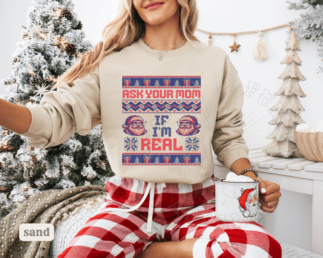 Ask Your Mom If I'm Real Funny Christmas Sweater - Sunlit Funlit | Graphic Tees for Country Concert Addicts