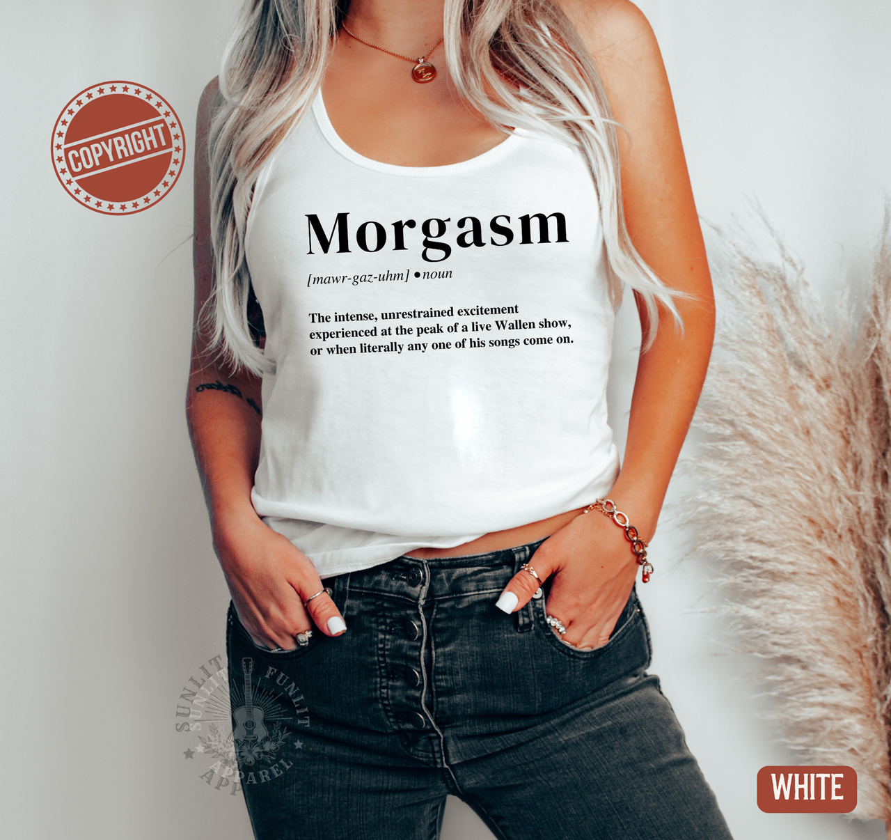 A woman wearing a white tank top with the word "Morgasm" printed on it, standing against a white background.