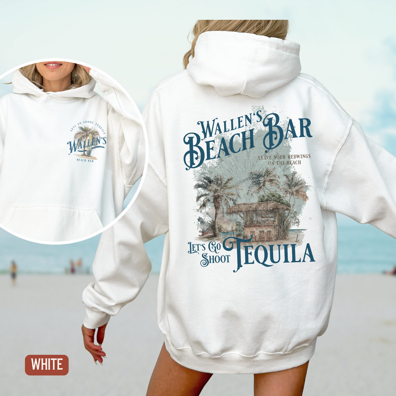 A white hoodie with a graphic design and text on the back, featuring a beach bar and tequila.