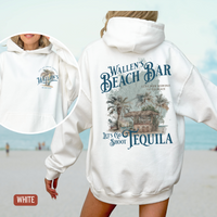 Thumbnail for A white hoodie with a graphic design and text on the back, featuring a beach bar and tequila.