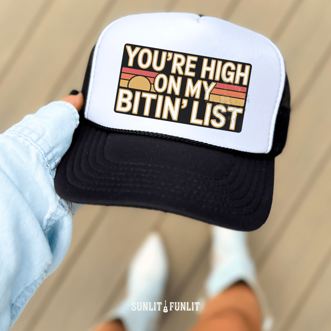 Bitin' List Retro Badge Country Trucker Hat - Sunlit Funlit | Graphic Tees for Country Concert Addicts