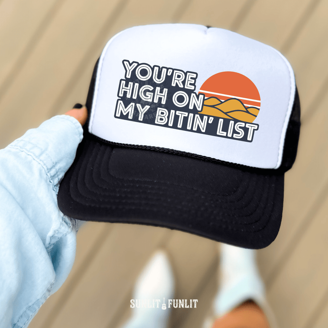 Bitin' List Retro Country Trucker Hat - Sunlit Funlit | Graphic Tees for Country Concert Addicts