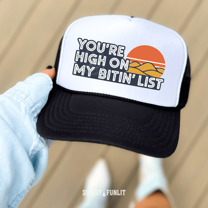 Bitin' List Retro Country Trucker Hat - Sunlit Funlit | Graphic Tees for Country Concert Addicts