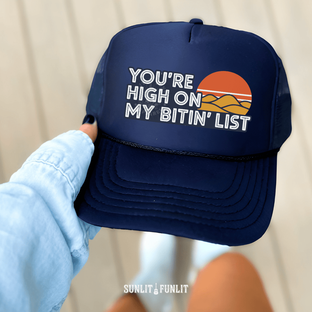 Bitin' List Retro Country Trucker Hat - Sunlit Funlit | Graphic Tees for Country Concert Addicts