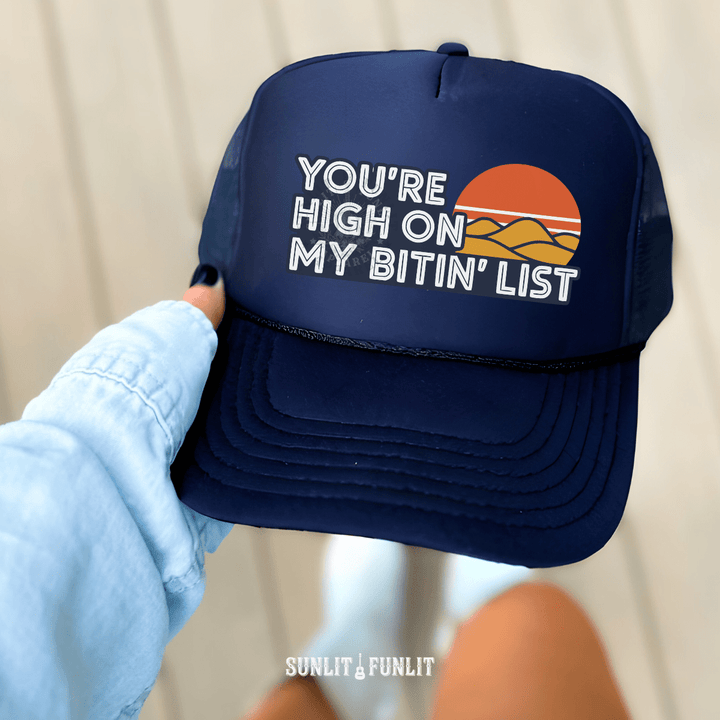 Bitin' List Retro Country Trucker Hat - Sunlit Funlit | Graphic Tees for Country Concert Addicts