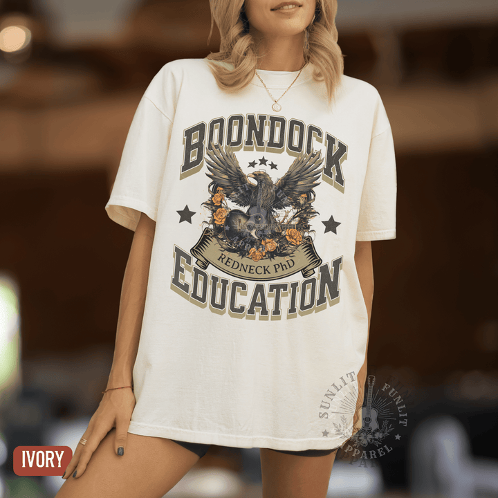 Boondock Education Redneck PhD Country Fan Tee - Sunlit Funlit | Graphic Tees for Country Concert Addicts