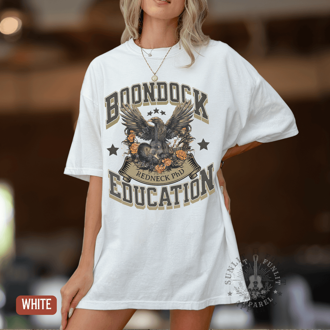Boondock Education Redneck PhD Country Fan Tee - Sunlit Funlit | Graphic Tees for Country Concert Addicts