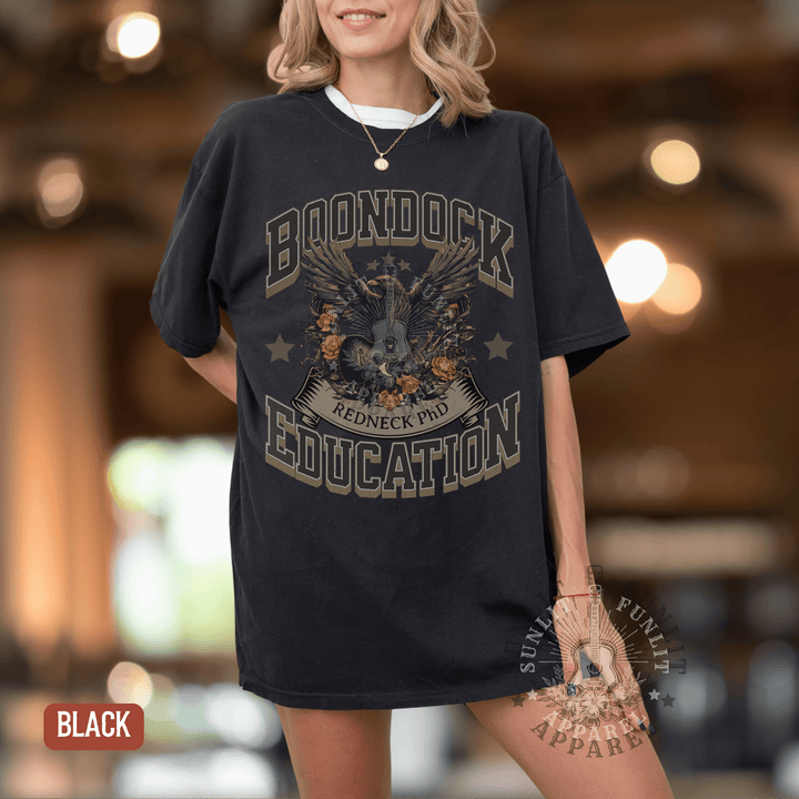 Boondock Education Redneck PhD Country Fan Tee - Sunlit Funlit | Graphic Tees for Country Concert Addicts