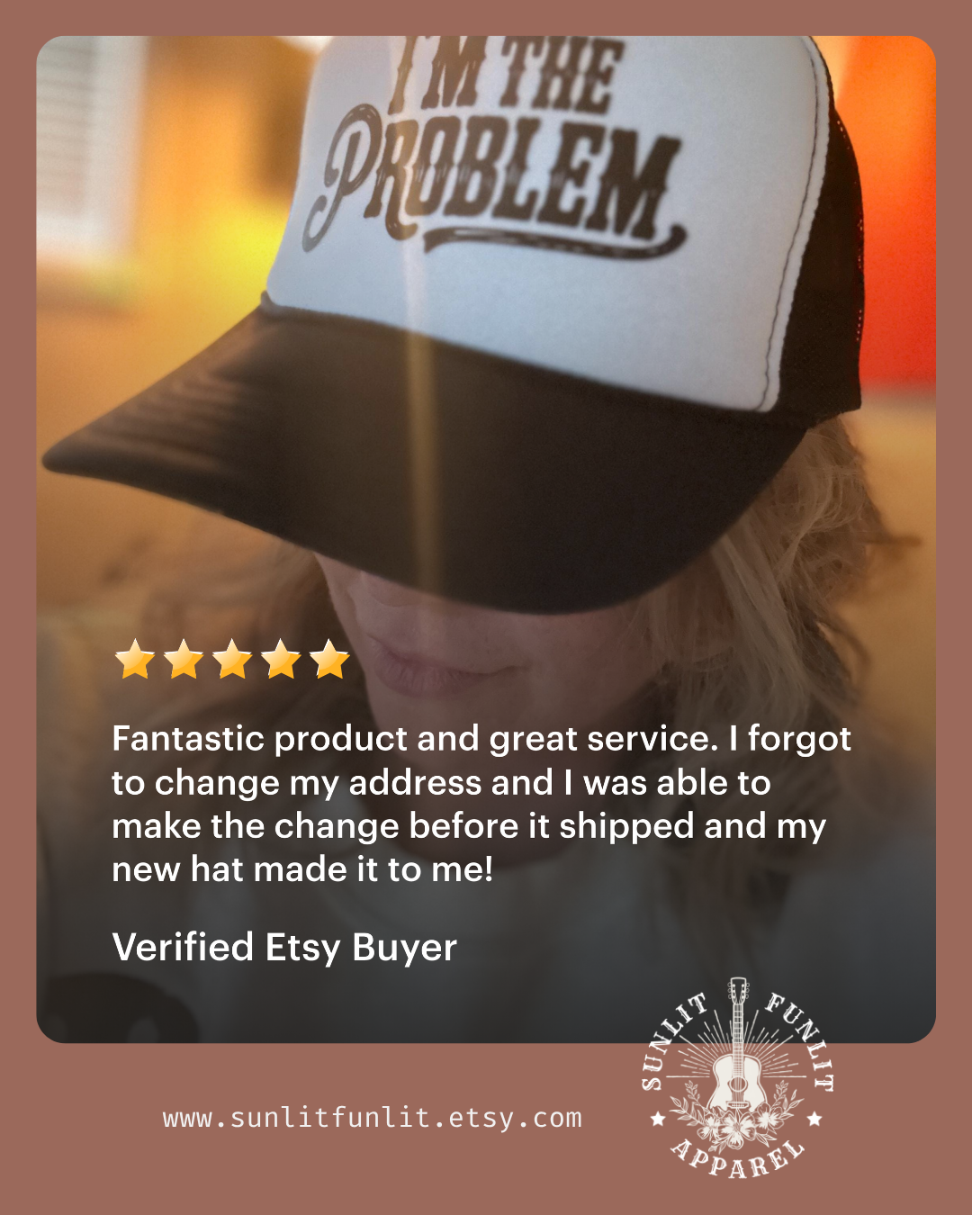 a person wearing a black and white baseball cap with the text "I'm the problem" printed on it. The person is shown from the neck down, with their face partially visible. The image appears to be a close-up of the person wearing the cap, and there is a rating of 4 stars given for the product.