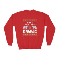 Thumbnail for Can I Pet that Dawwg Youth Christmas Meme Sweatshirt - Sunlit Funlit Country Music Tees