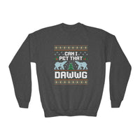 Thumbnail for Can I Pet that Dawwg Youth Christmas Meme Sweatshirt - Sunlit Funlit Country Music Tees