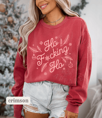 Thumbnail for Comfort Colors Ho Fcking Ho NSFW Funny Christmas Sweater - Sunlit Funlit | Graphic Tees for Country Concert Addicts