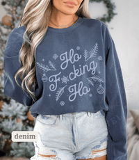 Thumbnail for Comfort Colors Ho Fcking Ho NSFW Funny Christmas Sweater - Sunlit Funlit | Graphic Tees for Country Concert Addicts