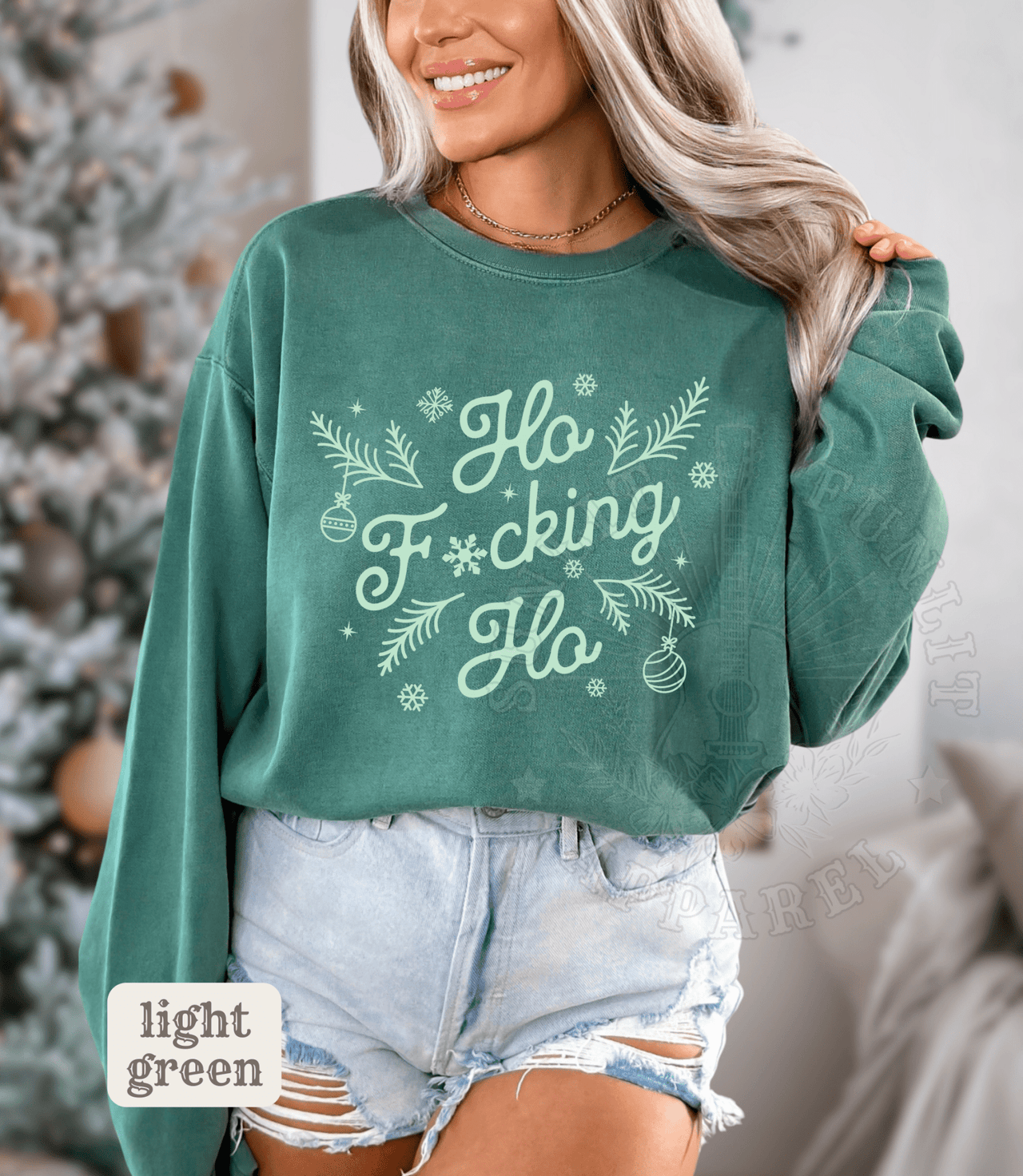 Comfort Colors Ho Fcking Ho NSFW Funny Christmas Sweater - Sunlit Funlit | Graphic Tees for Country Concert Addicts