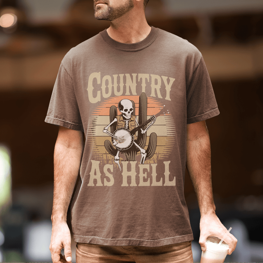 Country As Hell Skeleton Concert Shirt for Men - Sunlit Funlit | Graphic Tees for Country Concert Addicts