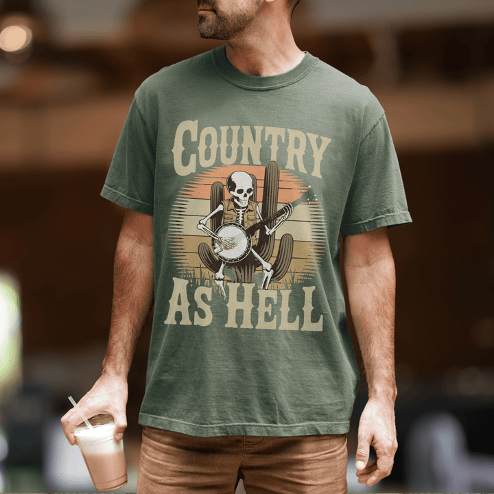 Country As Hell Skeleton Concert Shirt for Men - Sunlit Funlit | Graphic Tees for Country Concert Addicts