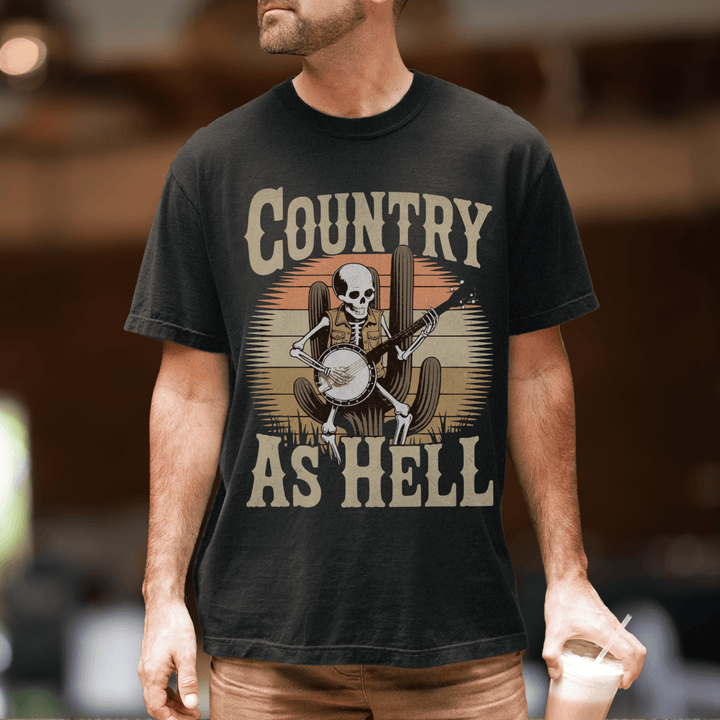 Country As Hell Skeleton Concert Shirt for Men - Sunlit Funlit | Graphic Tees for Country Concert Addicts