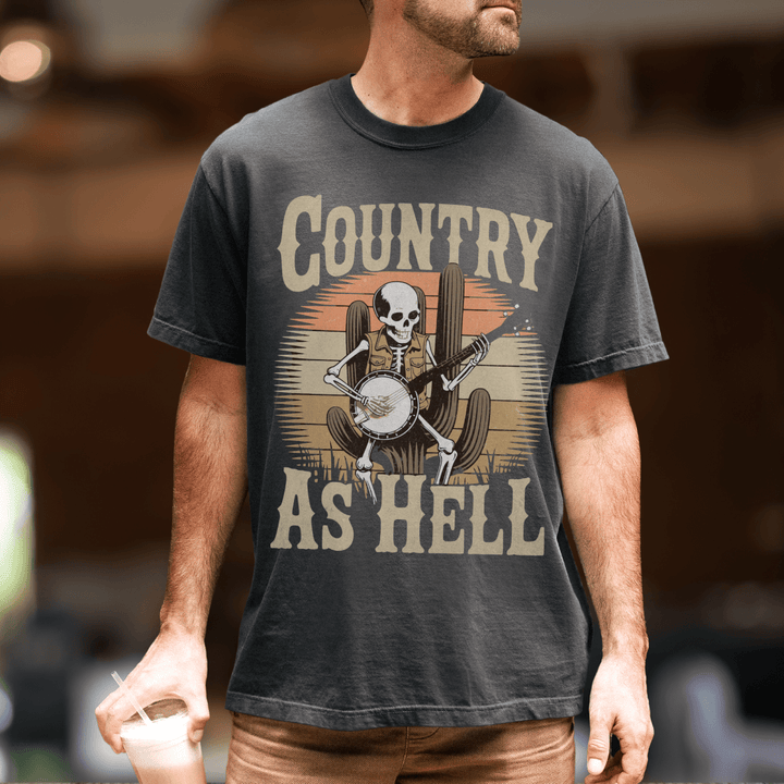 Country As Hell Skeleton Concert Shirt for Men - Sunlit Funlit | Graphic Tees for Country Concert Addicts