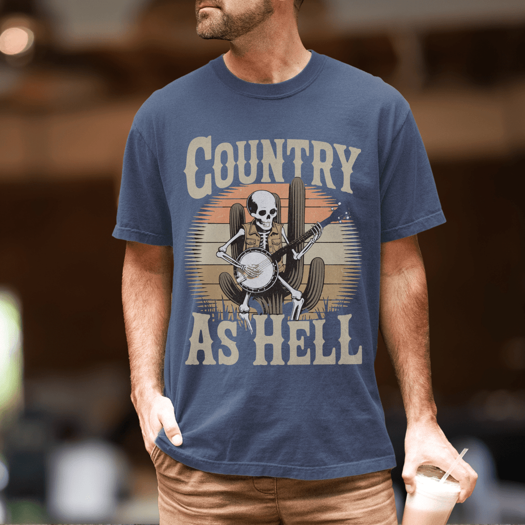 Country As Hell Skeleton Concert Shirt for Men - Sunlit Funlit | Graphic Tees for Country Concert Addicts