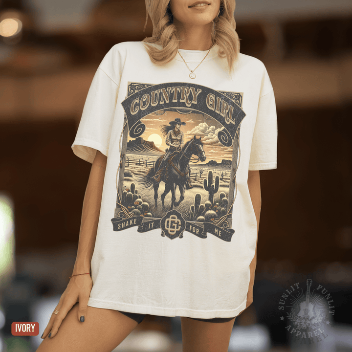 Country Girl Shake It For Me Comfort Colors Tee - Sunlit Funlit | Graphic Tees for Country Concert Addicts