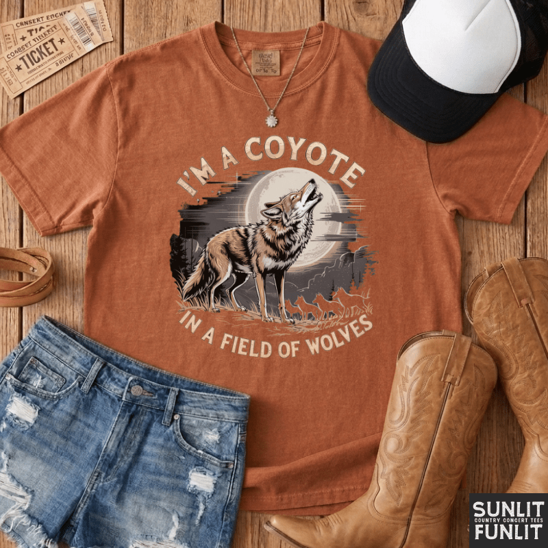 An orange short-sleeve graphic T-shirt laid flat on a rustic wood surface, styled with denim shorts, cowboy boots, a black-and-white cap, tickets, and a necklace. The shirt graphic shows a coyote howling in front of a full moon with the text “I’M A COYOTE IN A FIELD OF WOLVES.