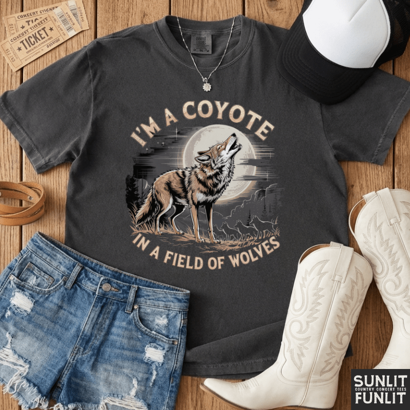A dark charcoal gray graphic t-shirt featuring a coyote howling at a full moon with the text 'I'M A COYOTE IN A FIELD OF WOLVES'. The shirt is styled in a flat-lay arrangement on a wooden surface alongside denim shorts, white cowboy boots, a black and white baseball cap, a leather strap, and a vintage ticket, with a 'SUNLIT' brand logo in the bottom right corner.