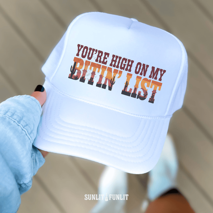 Desert Sunset Bitin List Country Trucker Hat - Sunlit Funlit | Graphic Tees for Country Concert Addicts