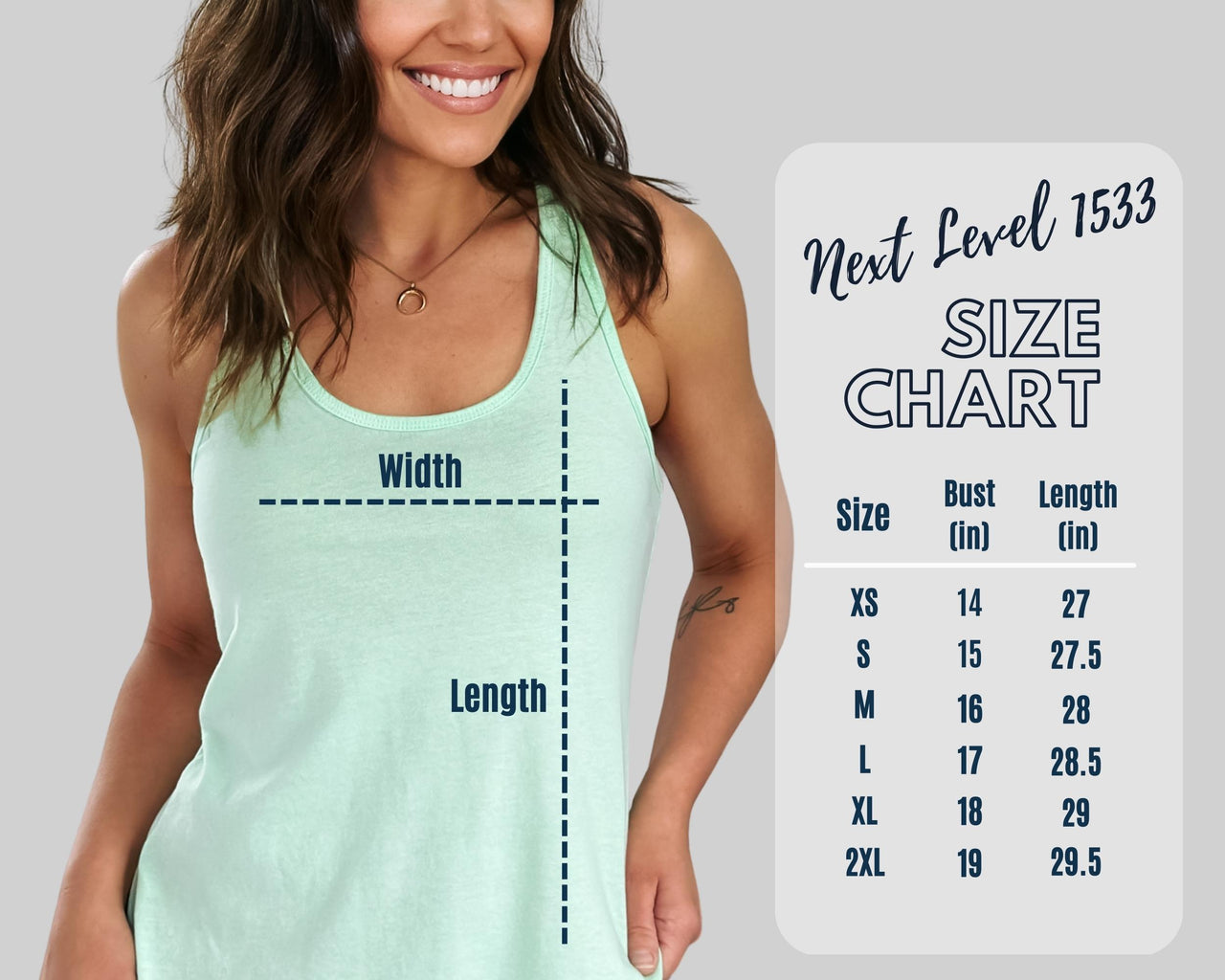 A woman wearing a light green tank top is smiling and posing for a photo. The image is a collage of multiple images, and the focus is on the woman and her tank top.
