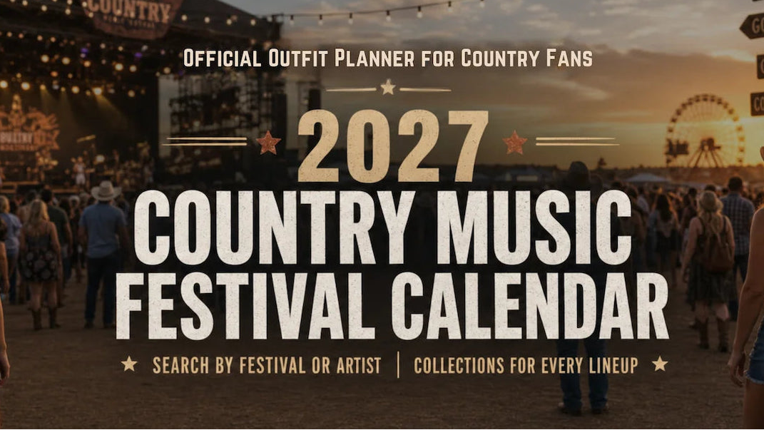Promotional graphic for a 2027 Country Music Festival Calendar, featuring a crowded outdoor festival scene at sunset with large white text overlay.