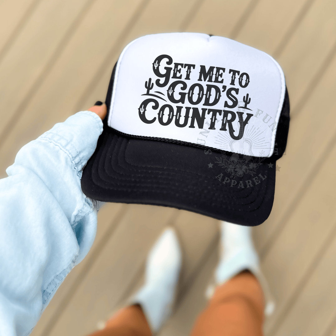 Get Me to God’s Country Trucker Hat - Sunlit Funlit | Graphic Tees for Country Concert Addicts