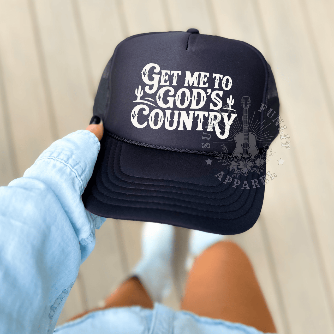 Get Me to God’s Country Trucker Hat – Western Style Mesh Cap - Sunlit Funlit Country Music Tees