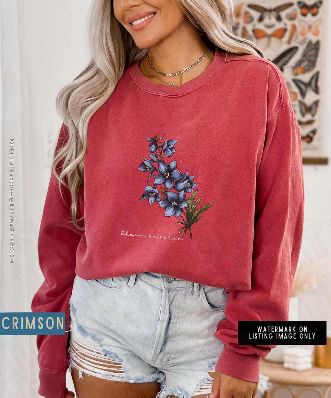 July Birth Flower Sweater, Comfort Colors Floral Sweatshirt, Minimalist Vintage Larkspur, BIrth Month Flower Birthday Gift, Bloom Sweater - SunlitFunlit